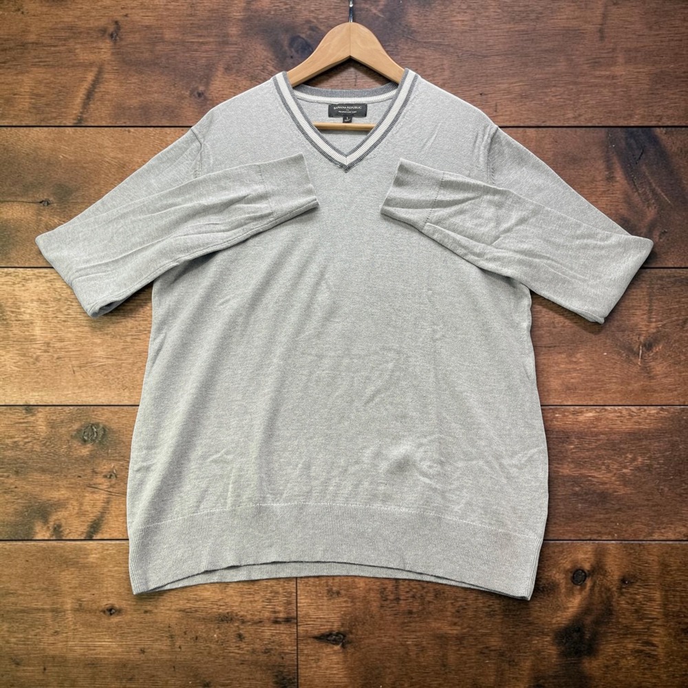 Banana Republic Mens L Gray Cotton Silk Cashmere V-Neck Sweater Tipped Trim